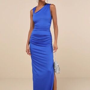 Lulus Enticing Darling Royal Blue Asymmetrical Ruched Maxi Dress / Size M / NWT